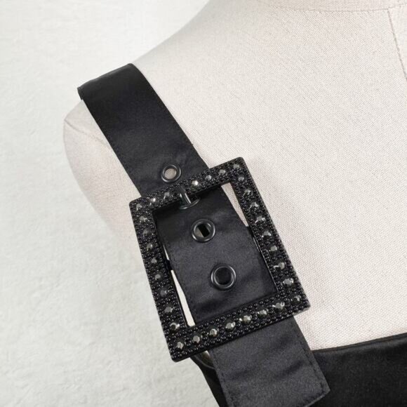 Cynthia Rowley Gigi Satin Dress Black Mini Rhinestone Cocktail Party LBD Size 0 - Picture 5 of 16